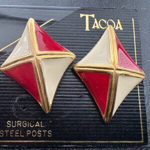 Tacoa earrings-Ivory & red enamel-Gold accents-Pierced